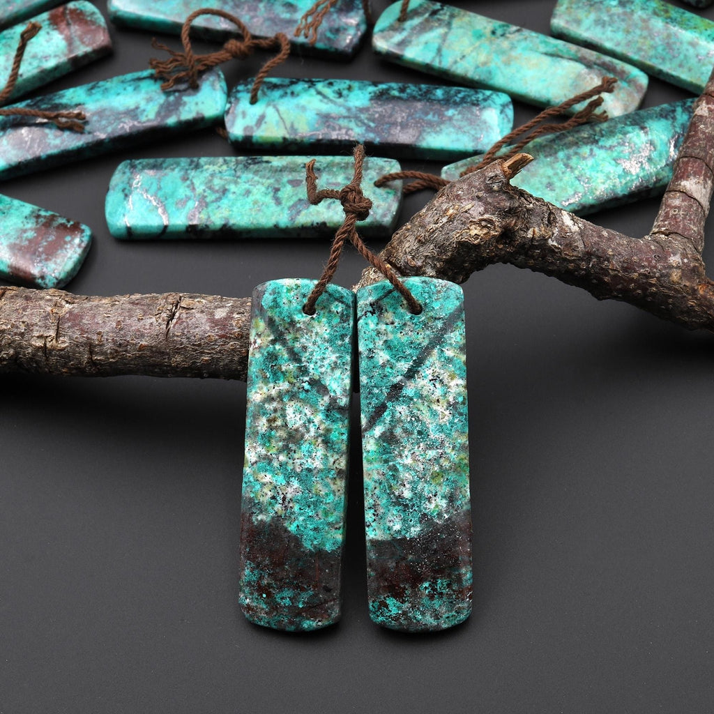 Rare Natural Green Blue Sonora Sunrise Cuprite Rectangle Earring Pair Drilled Matched Gemstone Beads A4