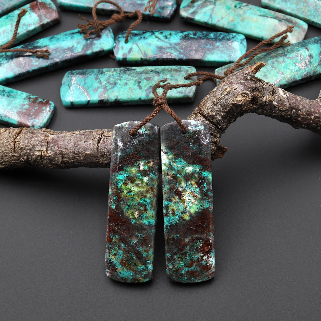 Rare Natural Green Blue Sonora Sunrise Cuprite Rectangle Earring Pair Drilled Matched Gemstone Beads A5