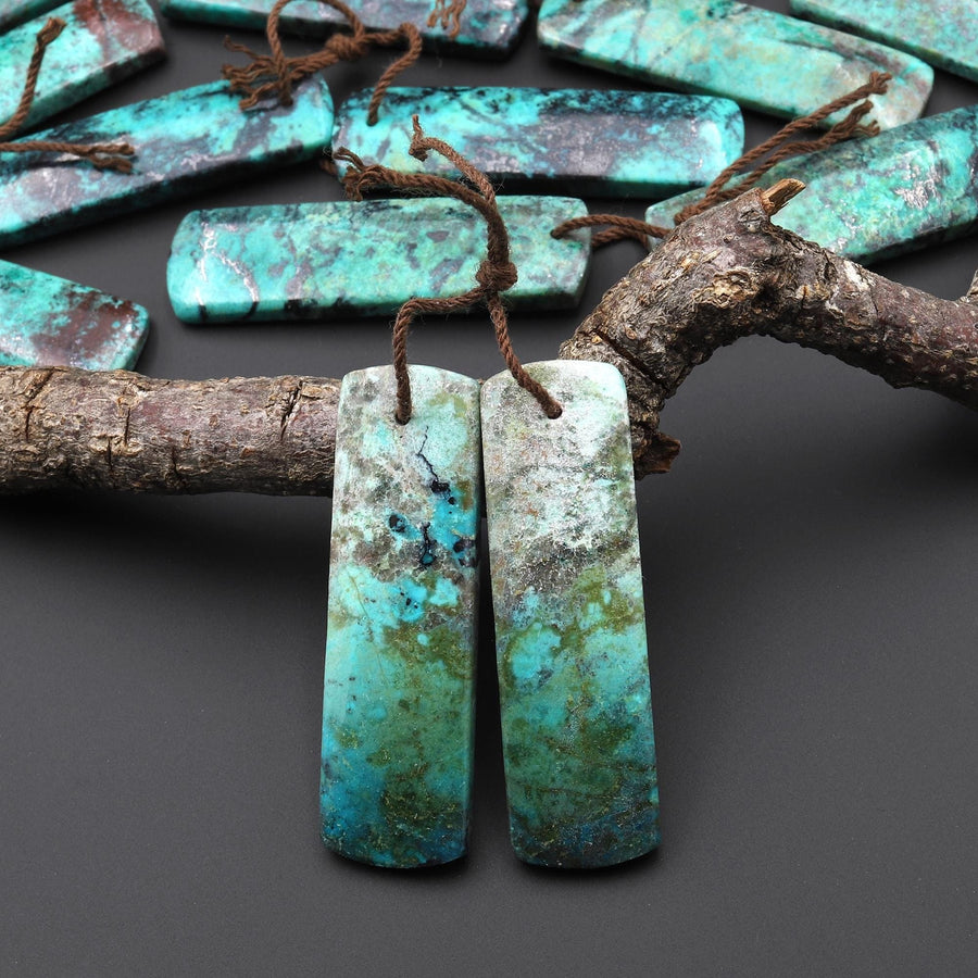 Rare Natural Green Blue Sonora Sunrise Cuprite Rectangle Earring Pair Drilled Matched Gemstone Beads A6