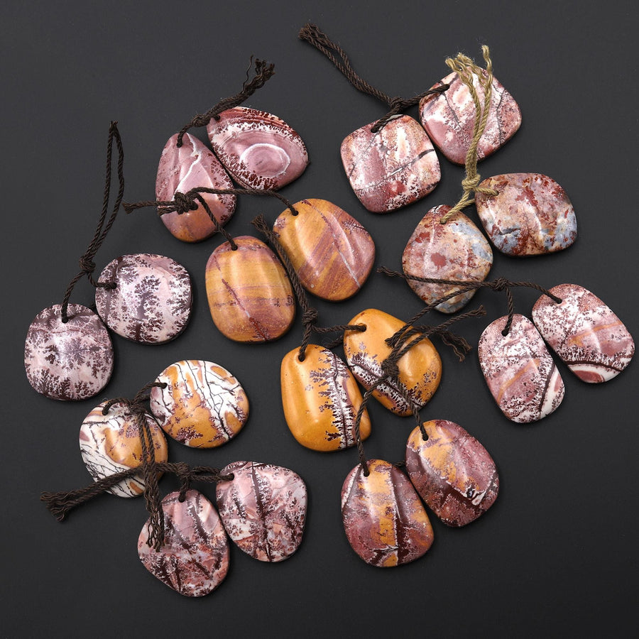 Natural Sonora Dendritic Rhyolite Jasper Freeform Oval Drop Shape Earring Drilled Gemstone Matched Beads Pair From Mexico