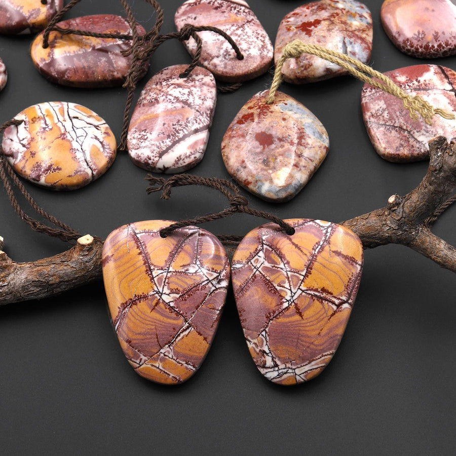 Natural Sonora Dendritic Rhyolite Jasper Freeform Oval Drop Shape Earring Drilled Gemstone Matched Beads Pair From Mexico