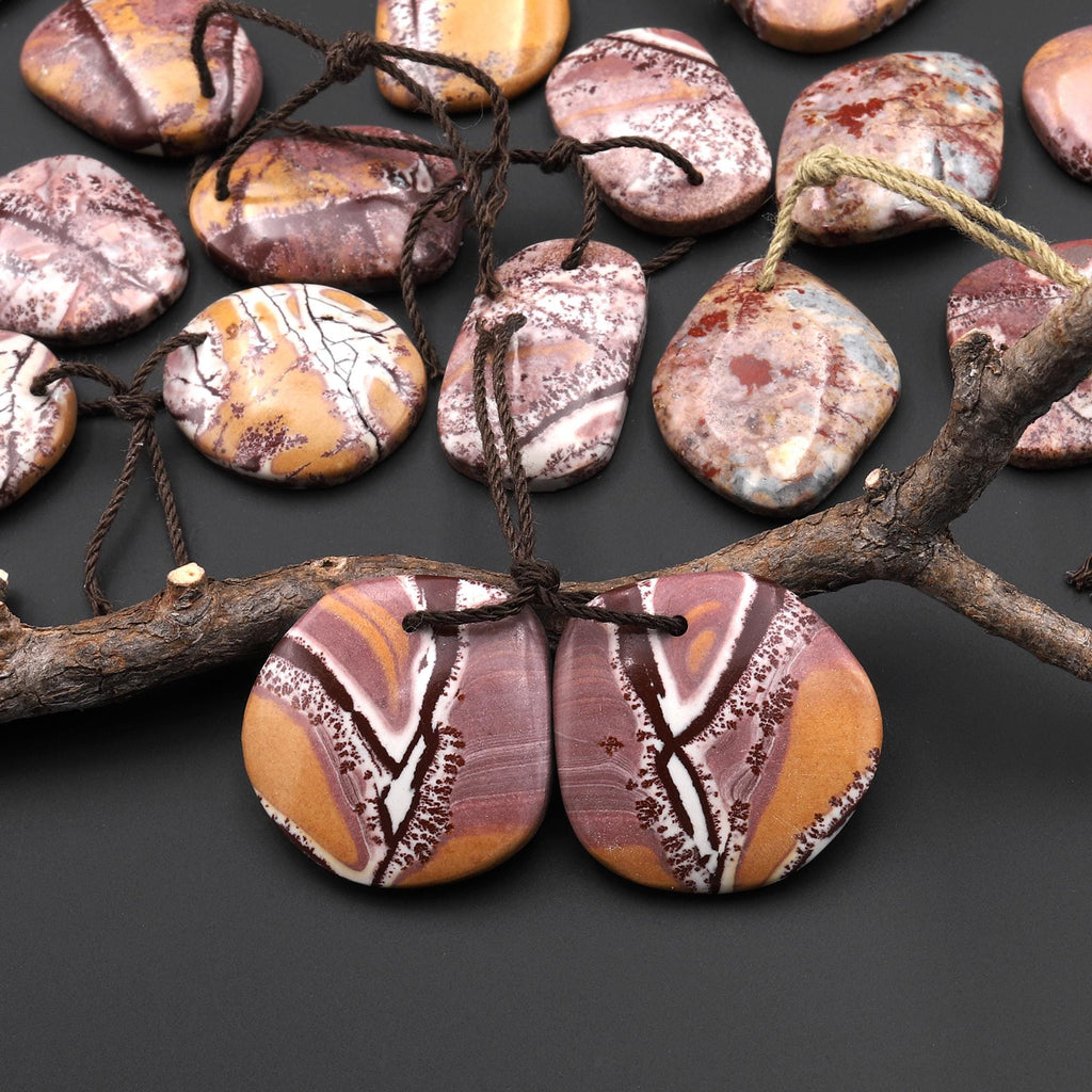 Natural Sonora Dendritic Rhyolite Jasper Freeform Oval Drop Shape Earring Drilled Gemstone Matched Beads Pair From Mexico