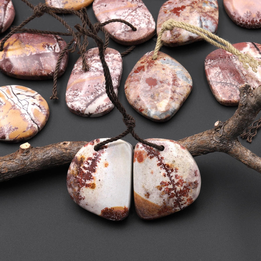 Natural Sonora Dendritic Rhyolite Jasper Freeform Oval Drop Shape Earring Drilled Gemstone Matched Beads Pair From Mexico A6