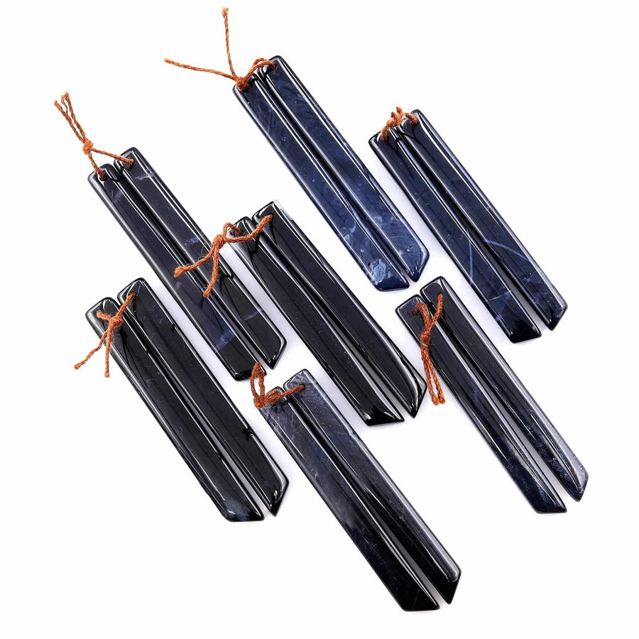 Rare Natural Midnight Dark Blue Onyx Thin Long Beveled Rectangle Spike Earring Pair Drilled Gemstone Matched Beads