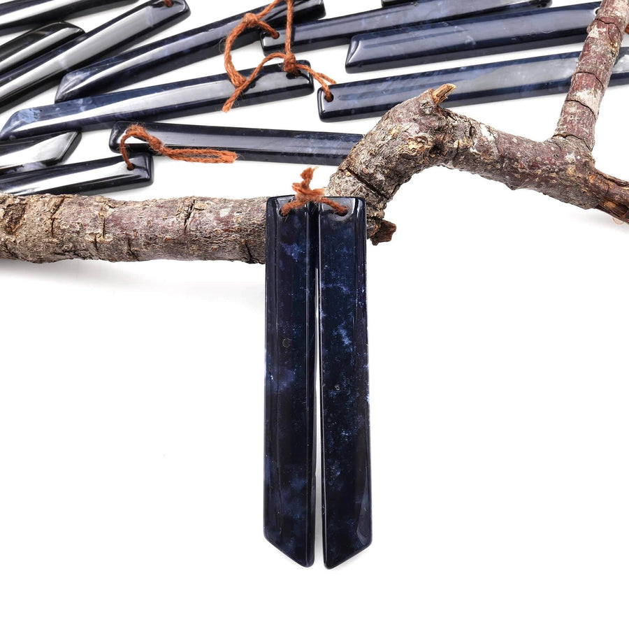 Rare Natural Midnight Dark Blue Onyx Thin Long Beveled Rectangle Spike Earring Pair Drilled Gemstone Matched Beads