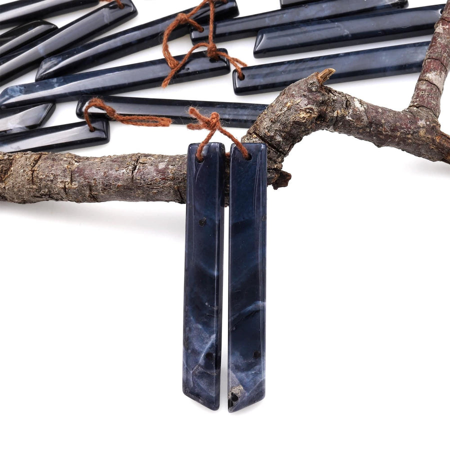 Rare Natural Midnight Dark Blue Onyx Thin Long Beveled Rectangle Spike Earring Pair Drilled Gemstone Matched Beads