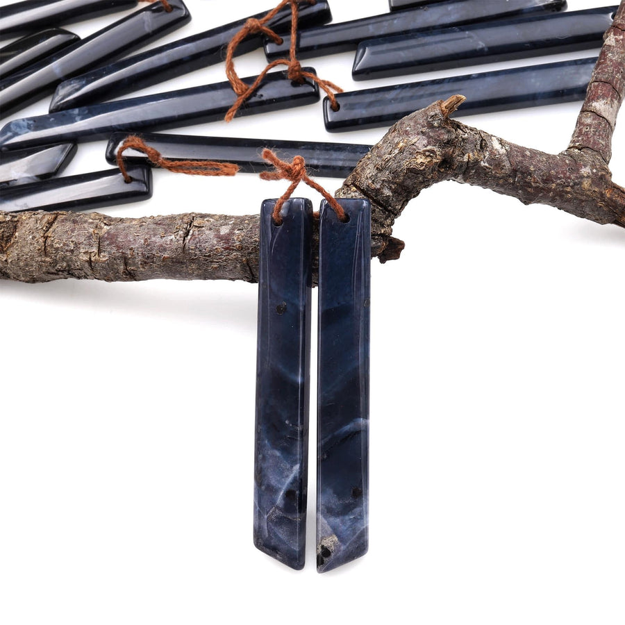 Rare Natural Midnight Dark Blue Onyx Thin Long Beveled Rectangle Spike Earring Pair Drilled Gemstone Matched Beads A5
