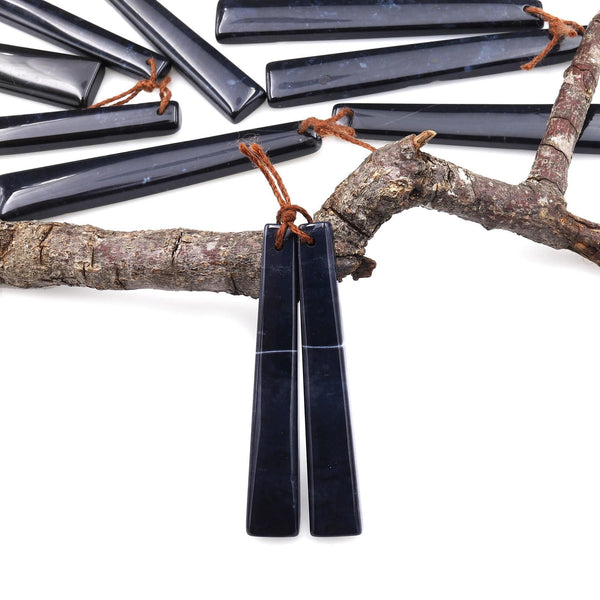 Rare Natural Midnight Dark Blue Onyx Thin Long Trapezoid Spike Earring Pair Drilled Gemstone Matched Beads A2