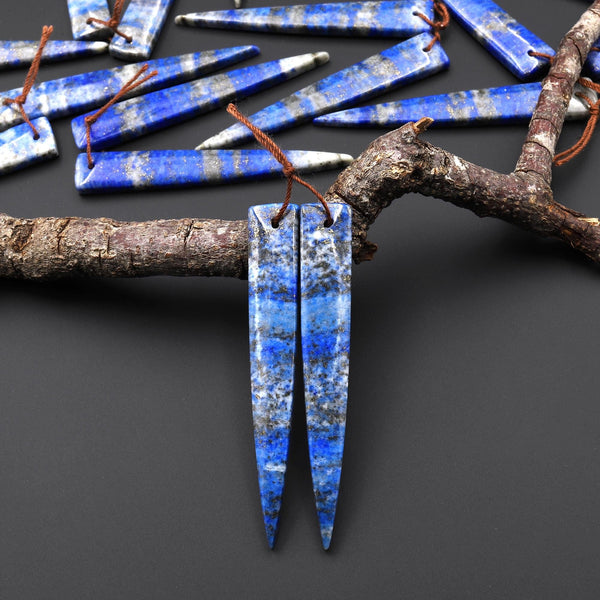Natural Denim Blue Lapis Earring Pair Modern Long Dagger Triangle Matched Gemstone Beads