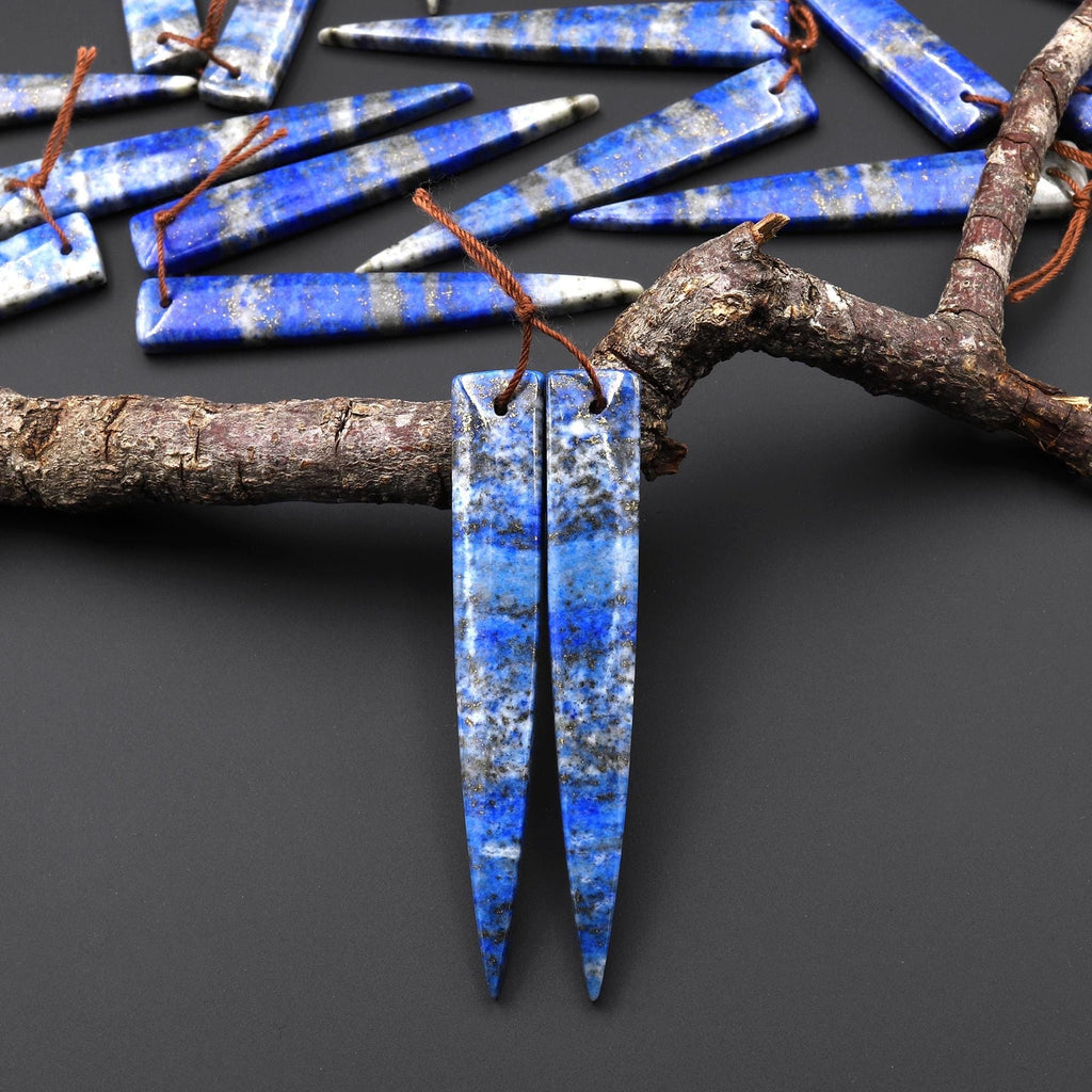 Natural Denim Blue Lapis Earring Pair Modern Long Dagger Triangle Matched Gemstone Beads A4