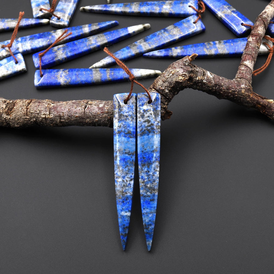 Natural Denim Blue Lapis Earring Pair Modern Long Dagger Triangle Matched Gemstone Beads A4