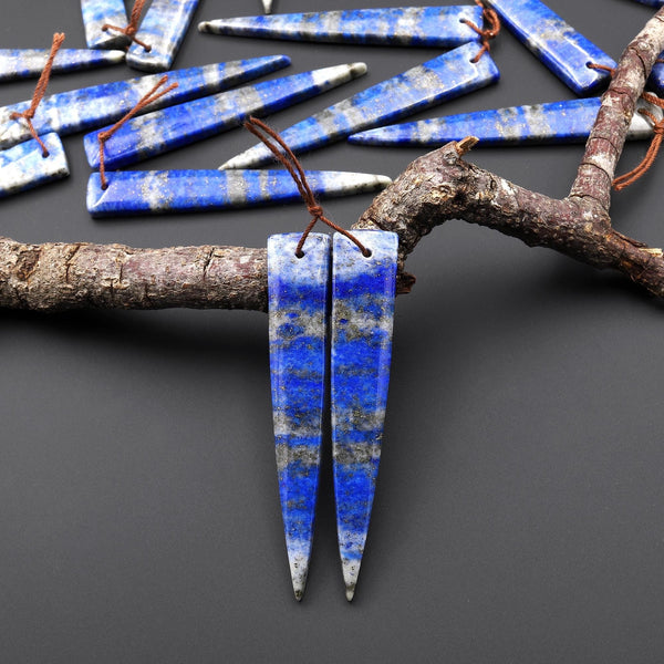 Natural Denim Blue Lapis Earring Pair Modern Long Dagger Triangle Matched Gemstone Beads A5