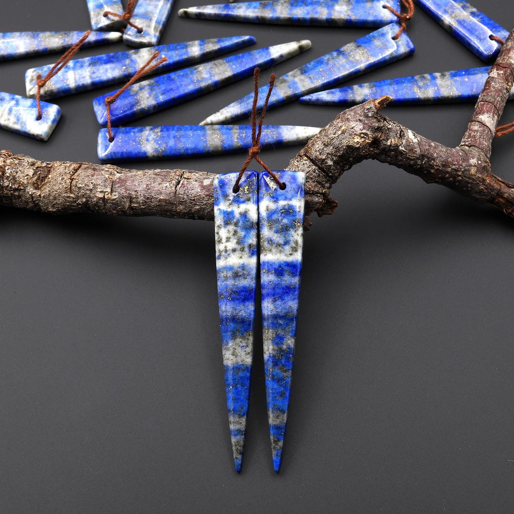 Natural Denim Blue Lapis Earring Pair Modern Long Dagger Triangle Matched Gemstone Beads A6