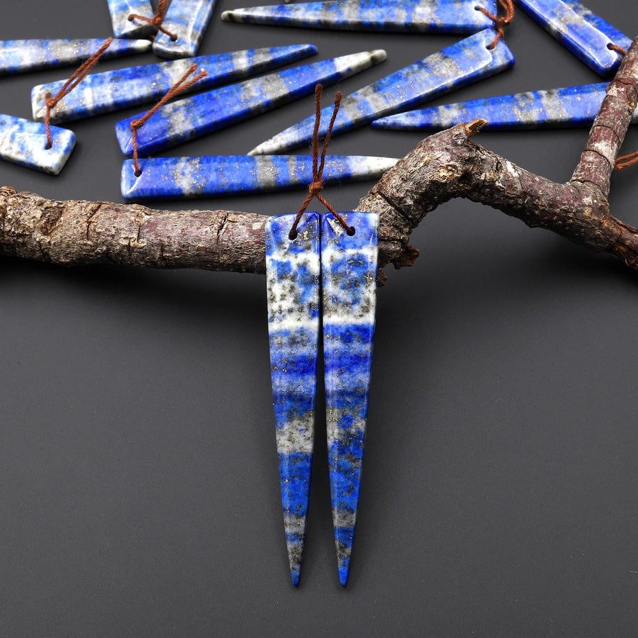 Natural Denim Blue Lapis Earring Pair Modern Long Dagger Triangle Matched Gemstone Beads A6