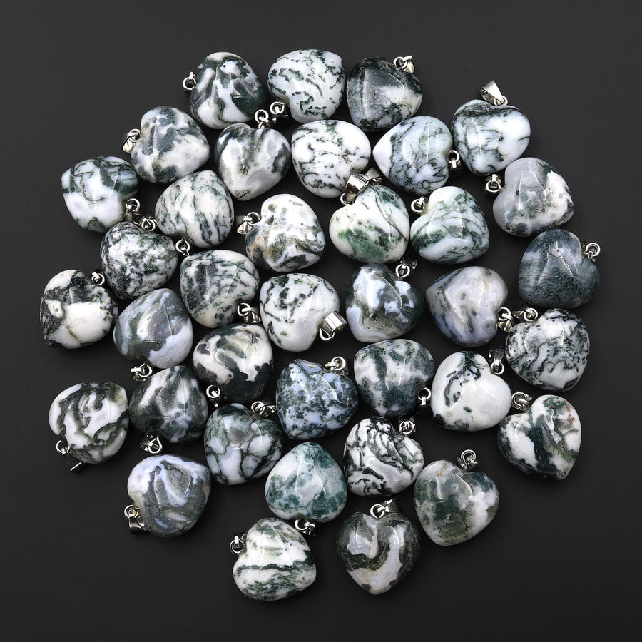 Small Natural Green Tree Agate Puffy Heart Pendant