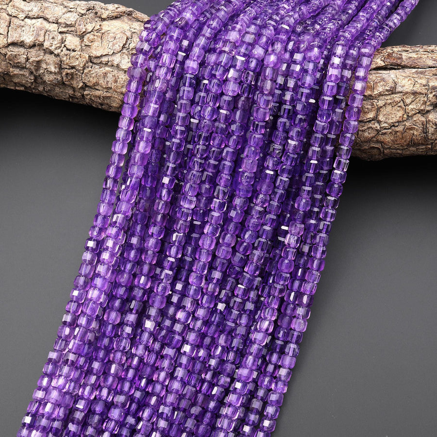AAA Natural Purple Amethyst 2mm 3mm 4mm Faceted Cube Square Dice Beads 15.5" Strand