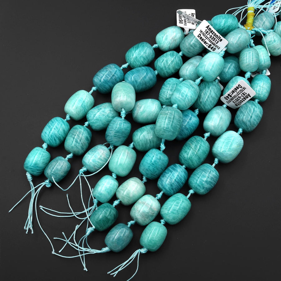 AAA Large Hole Beads Natural Peruvian Amazonite Smooth Barrel Cylinder Drum 8" Strand