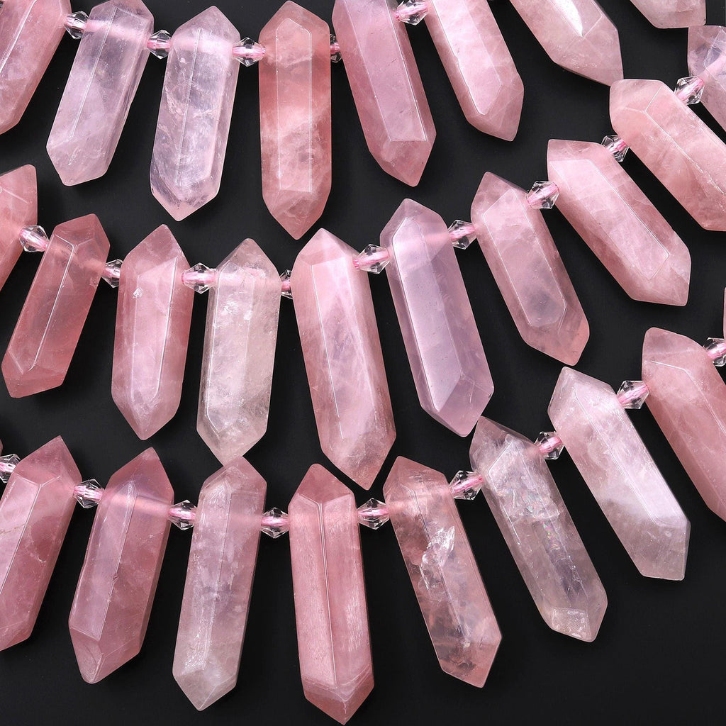 AAA Natural Madagascar Pink Rose Quartz Faceted Double Terminated Points Top Side Drilled Focal Pendant Beads 15.5" Strand