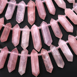 AAA Natural Madagascar Pink Rose Quartz Faceted Double Terminated Points Top Side Drilled Focal Pendant Beads 15.5" Strand