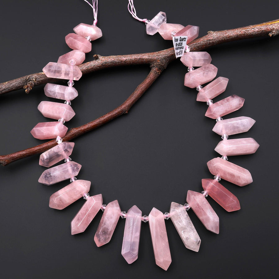 AAA Natural Madagascar Pink Rose Quartz Faceted Double Terminated Points Top Side Drilled Focal Pendant Beads 15.5" Strand
