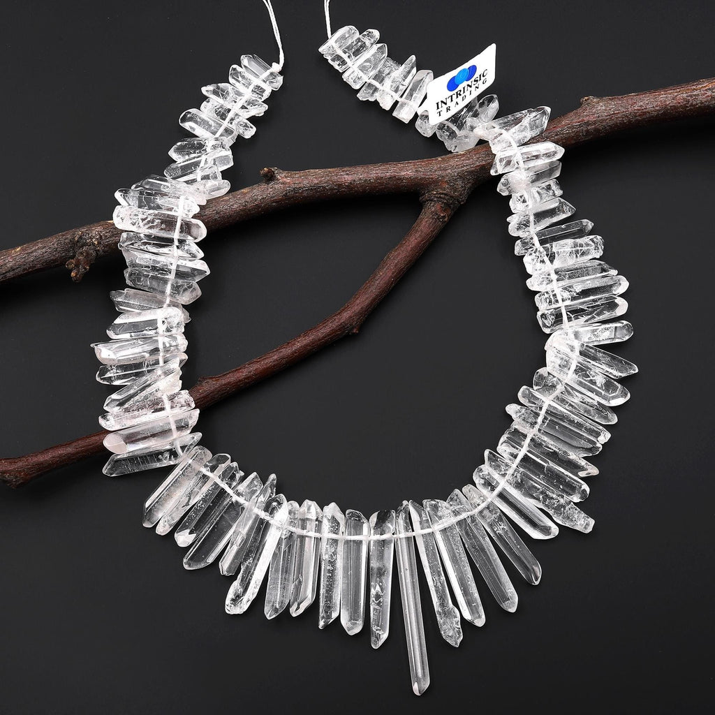 Natural Tibetan Quartz Beads Points Top Side Drilled Real Natural Clear Crystal Quartz Spike 15.5" Strand A1
