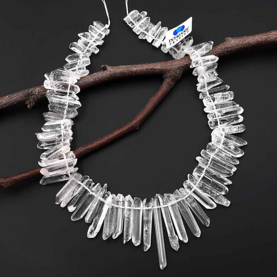 Natural Tibetan Quartz Beads Points Top Side Drilled Real Natural Clear Crystal Quartz Spike 15.5" Strand