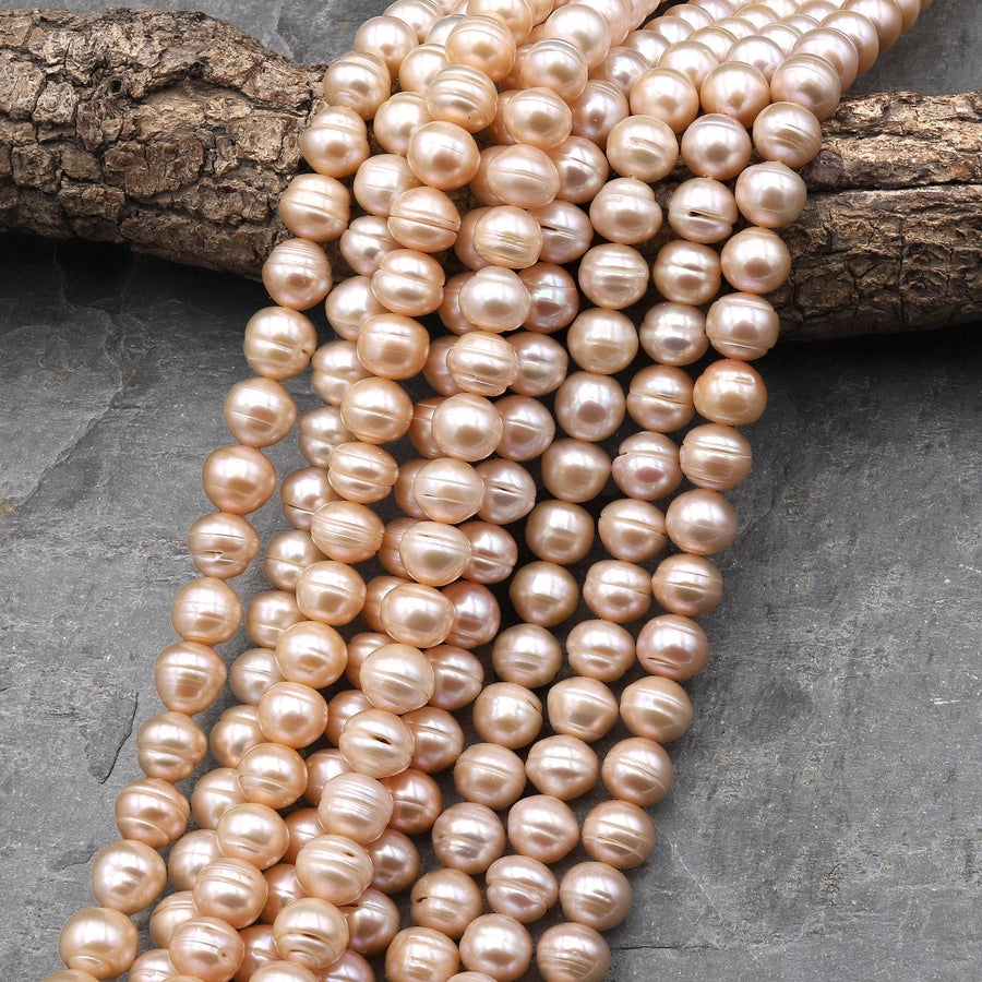 Genuine Natural Peach Apricot Rounded Baroque Freshwater Pearl 10mm Shimmery Iridescent Classic Pearl 15.5" Strand