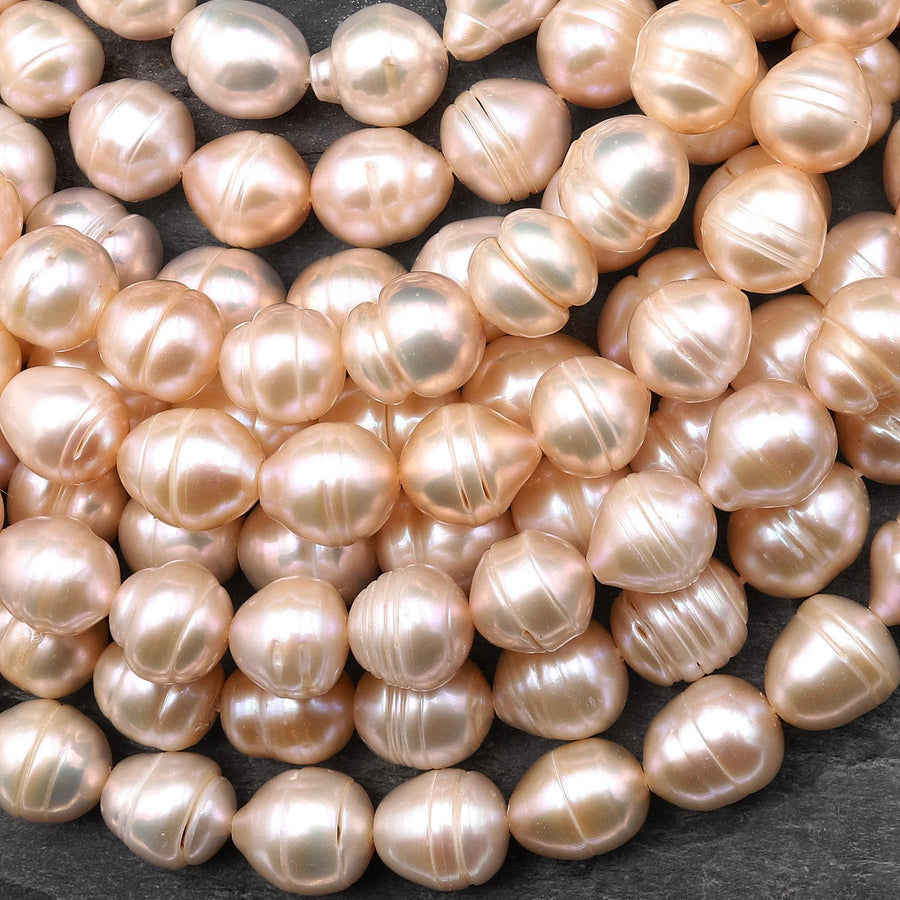 Genuine Natural Peach Apricot Rounded Teardrop Baroque Freshwater Pearl 10mm Shimmery Iridescent Classic Pearl 15.5" Strand