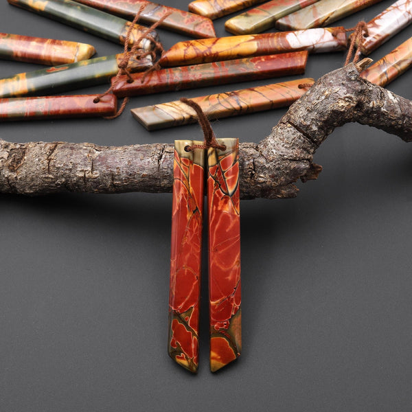 Natural Red Creek Jasper Linear Thin Spike Beveled Rectangle Earring Pair Matched Gemstone Beads A7