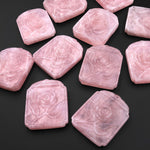 AAA Hand Carved Natural Pink Rose Quartz Rose Flower Ornate Rectangle Pendant Drilled Gemstone