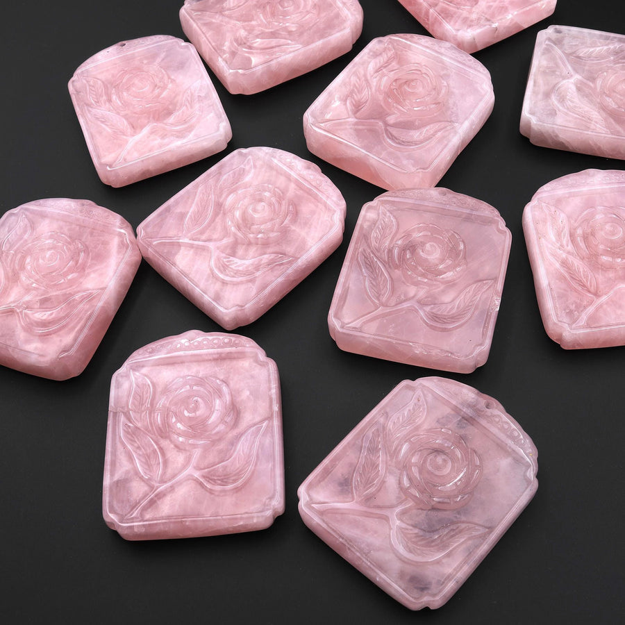 AAA Hand Carved Natural Pink Rose Quartz Rose Flower Ornate Rectangle Pendant Drilled Gemstone