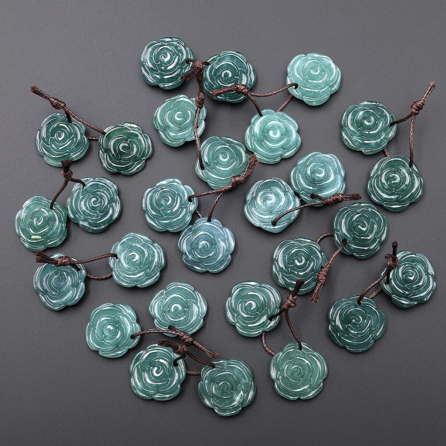 Hand Carved Natural Blue Green Guatemalan Jade Earrings Rose Flower Matched Gemstone Bead Pair