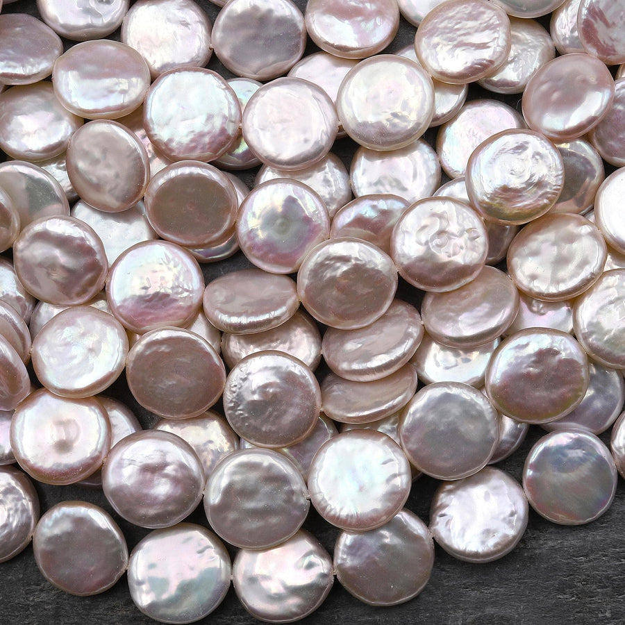AAA Real Genuine Natural Freshwater Pearl Iridescent Soft Powder Pink Coin Pearl 12mm Brilliant Nacre 15.5" Strand