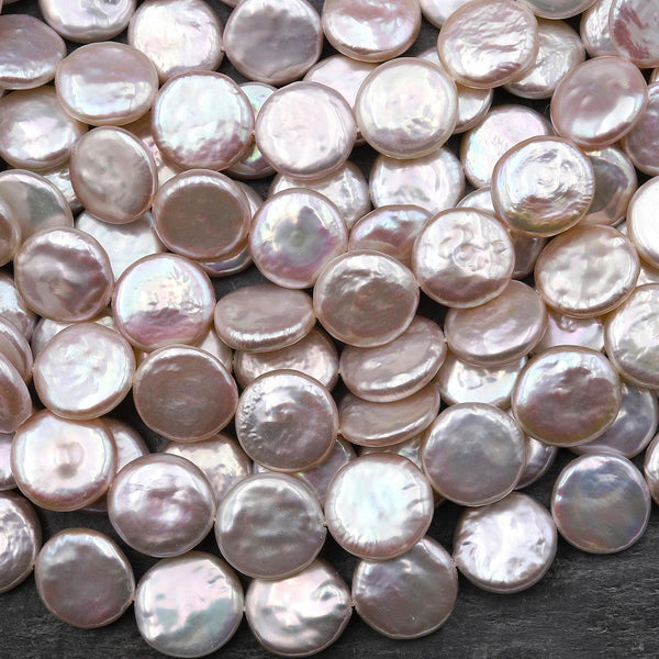 AAA Real Genuine Natural Freshwater Pearl Iridescent Soft Powder Pink Coin Pearl 12mm Brilliant Nacre 15.5" Strand