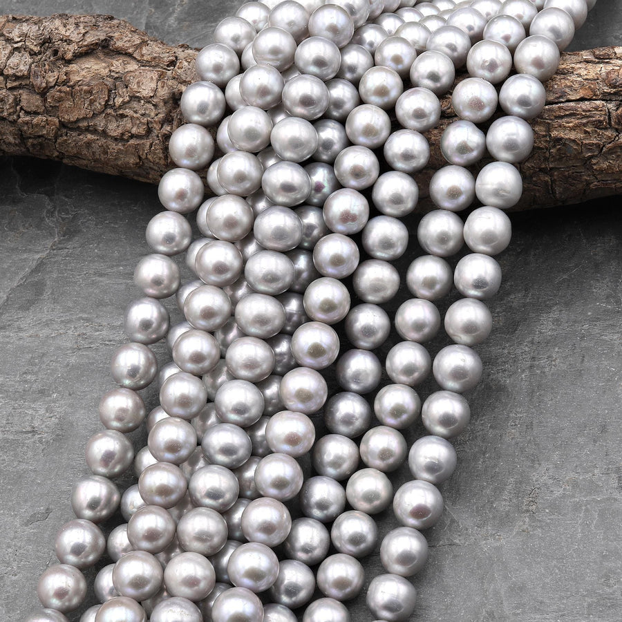 Large Iridescent Silver 10mm Round Genuine Freshwater Pearl 15.5" Strand