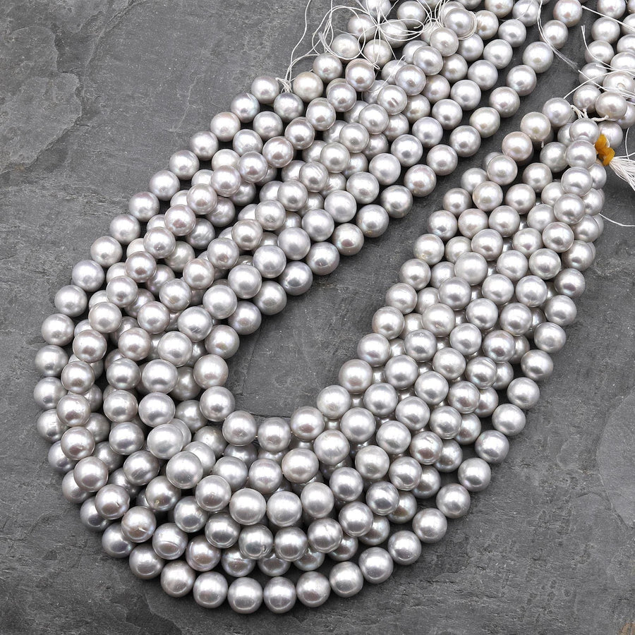 Large Iridescent Silver 10mm Round Genuine Freshwater Pearl 15.5" Strand