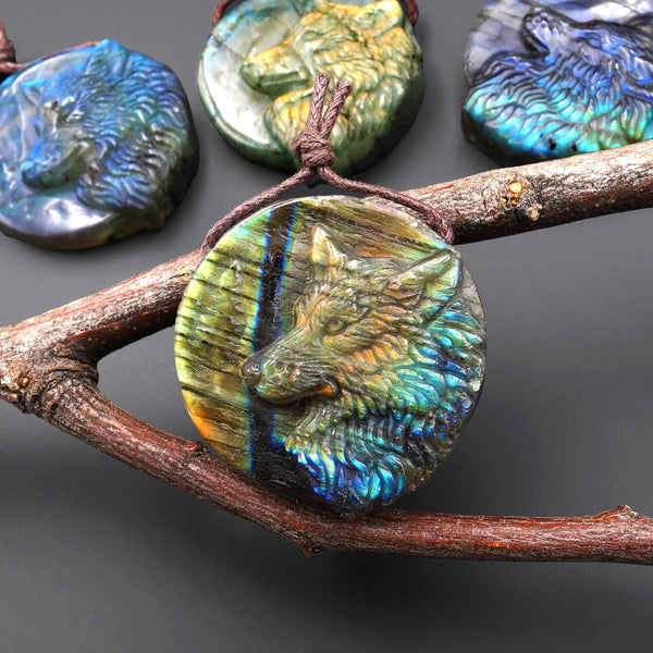 Hand Carved Natural Labradorite Wolf Gemstone Pendant Bead A7