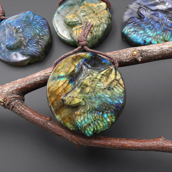 Hand Carved Natural Labradorite Wolf Gemstone Pendant Bead A8