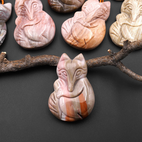 Hand Carved Natural Petrified Wood Fox Pendant Gemstone Focal Bead A5