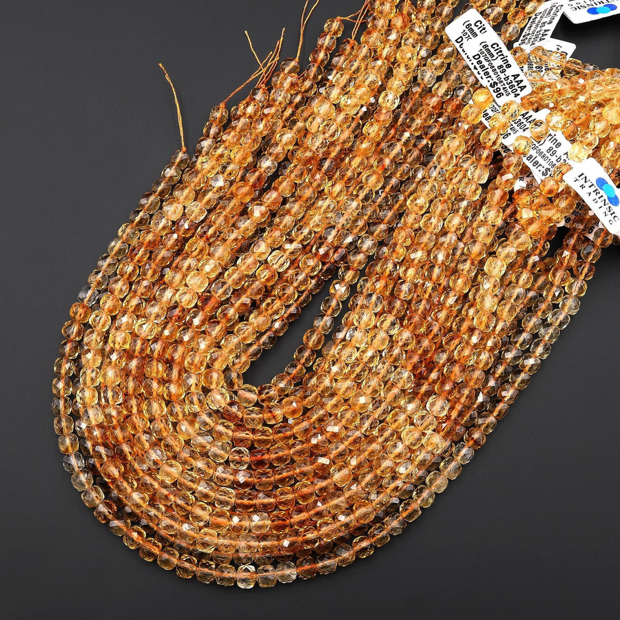 AAA Natural Golden Citrine Faceted 6mm Cube Gemstone Beads 15.5" Strand