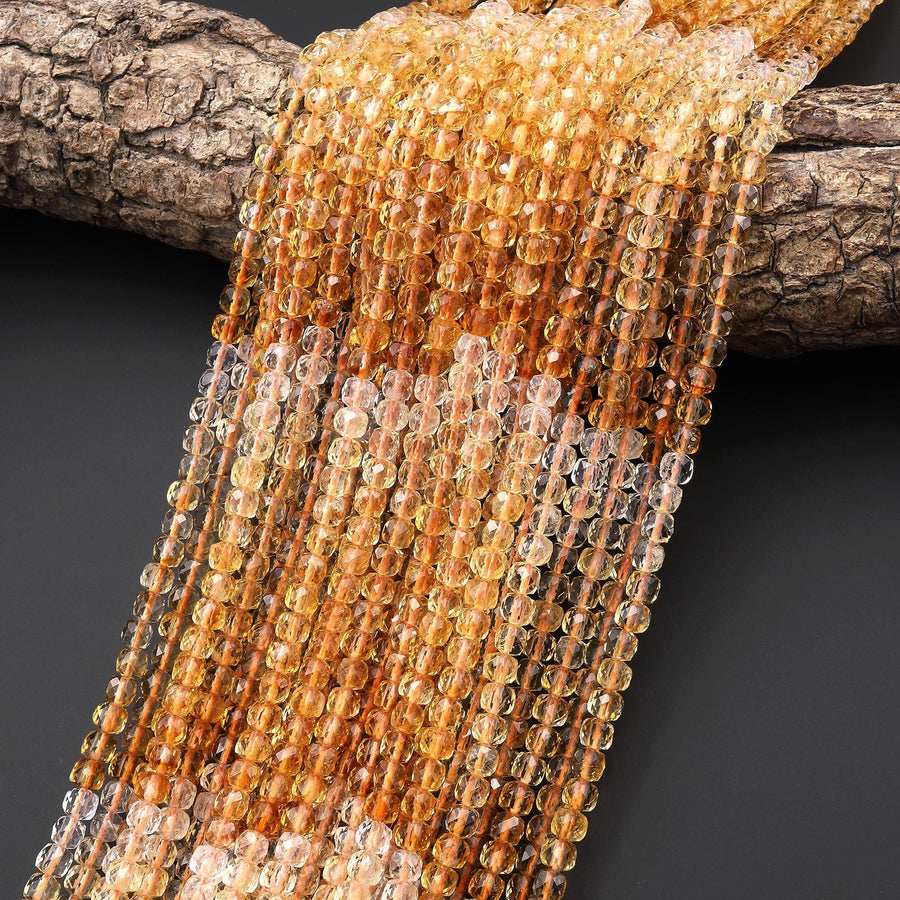 AAA Natural Golden Citrine Faceted 4mm Cube Gemstone Beads 15.5" Strand