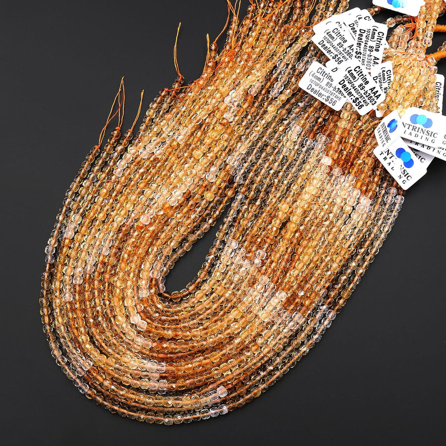 AAA Natural Golden Citrine Faceted 4mm Cube Gemstone Beads 15.5" Strand