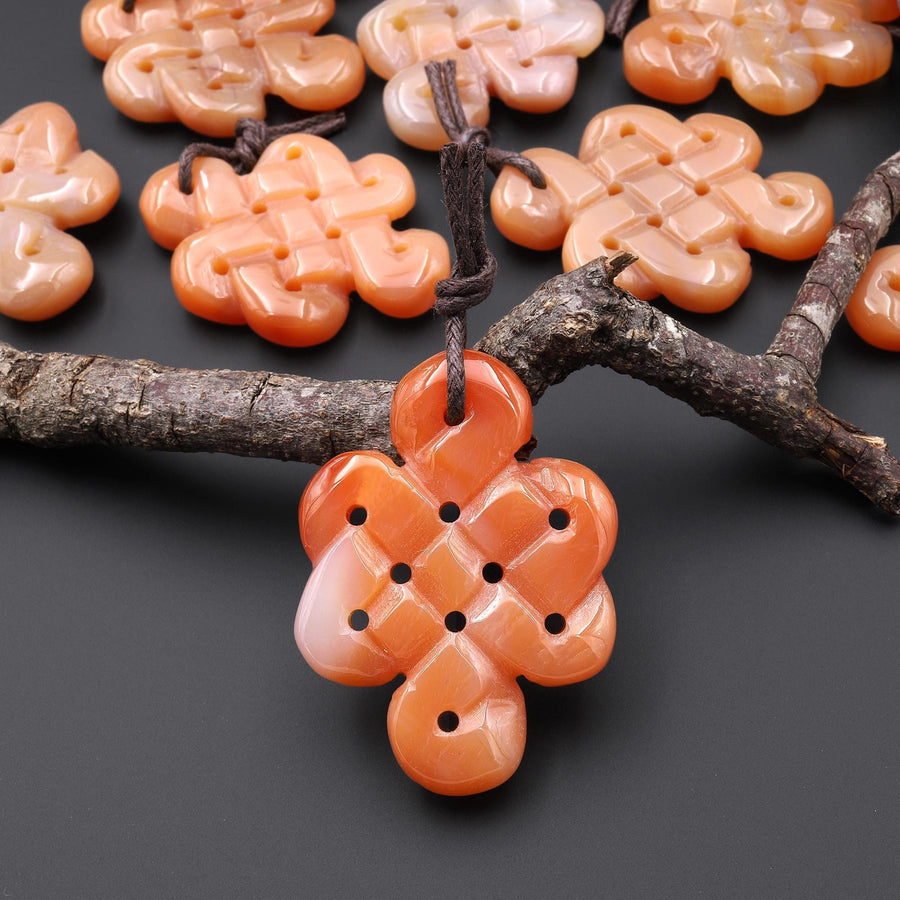 Hand Carved Natural Orange Carnelian Infinity Eternal Endless Knot Gemstone Pendant