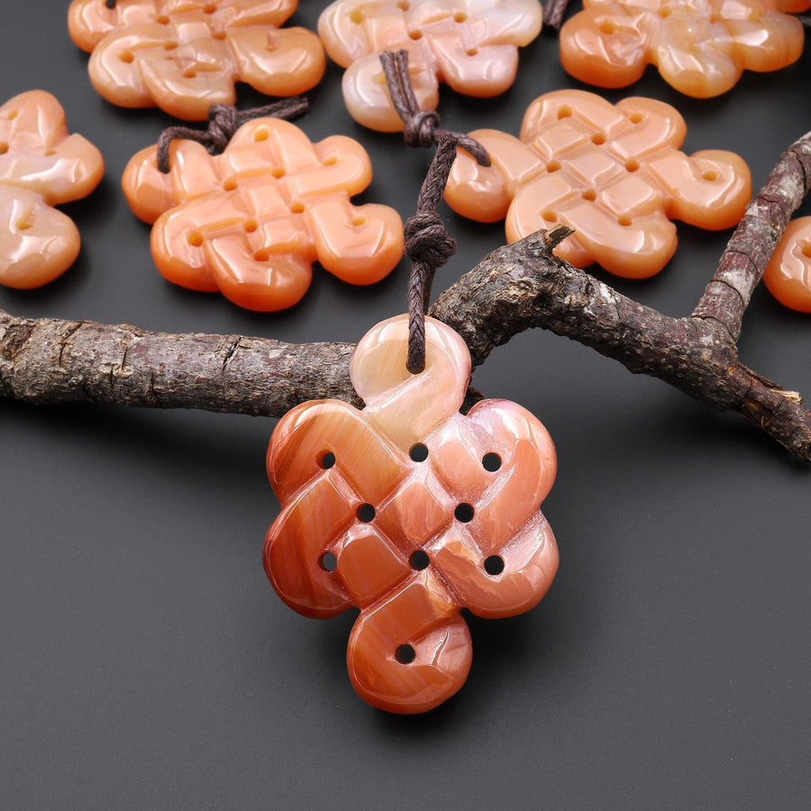 Hand Carved Natural Orange Carnelian Infinity Eternal Endless Knot Gemstone Pendant