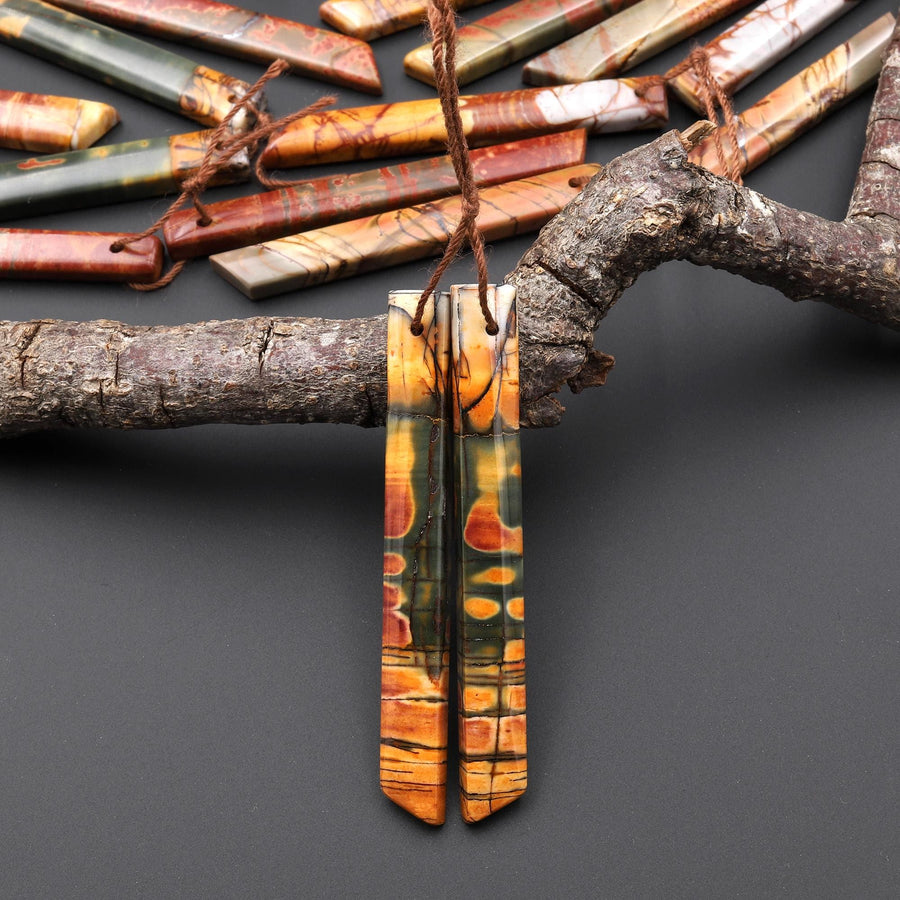 Natural Red Creek Jasper Linear Thin Spike Beveled Rectangle Earring Pair Matched Gemstone Beads