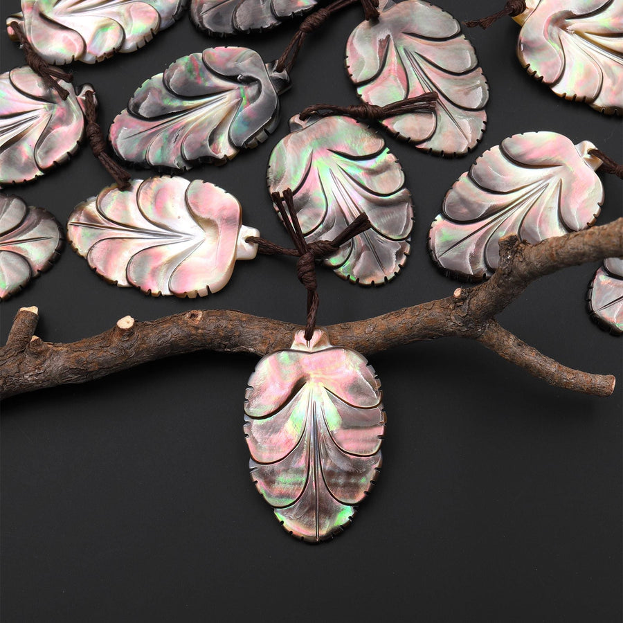 AAA Iridescent Hand Carved Natural Black Mother of Pearl Leaf Pendant
