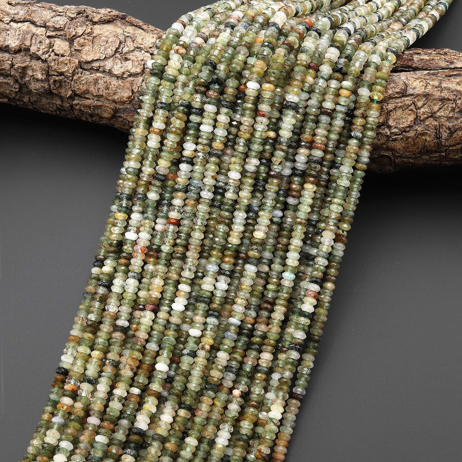 Faceted Natural Green Lodalite Quartz 4mm Thin Rondelle Beads 15.5" Strand