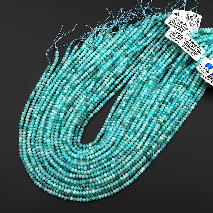 Natural Peruvian Amazonite 4mm Faceted Rondelle Beads Aqua Blue Gemstone 15.5" Strand