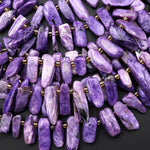 Natural Purple Charoite Freeform Rectangle Oval Pebble Top Side Drilled Beads 15.5" Strand