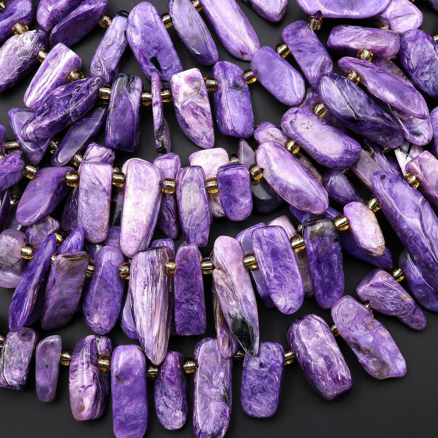 Natural Purple Charoite Freeform Rectangle Oval Pebble Top Side Drilled Beads 15.5" Strand